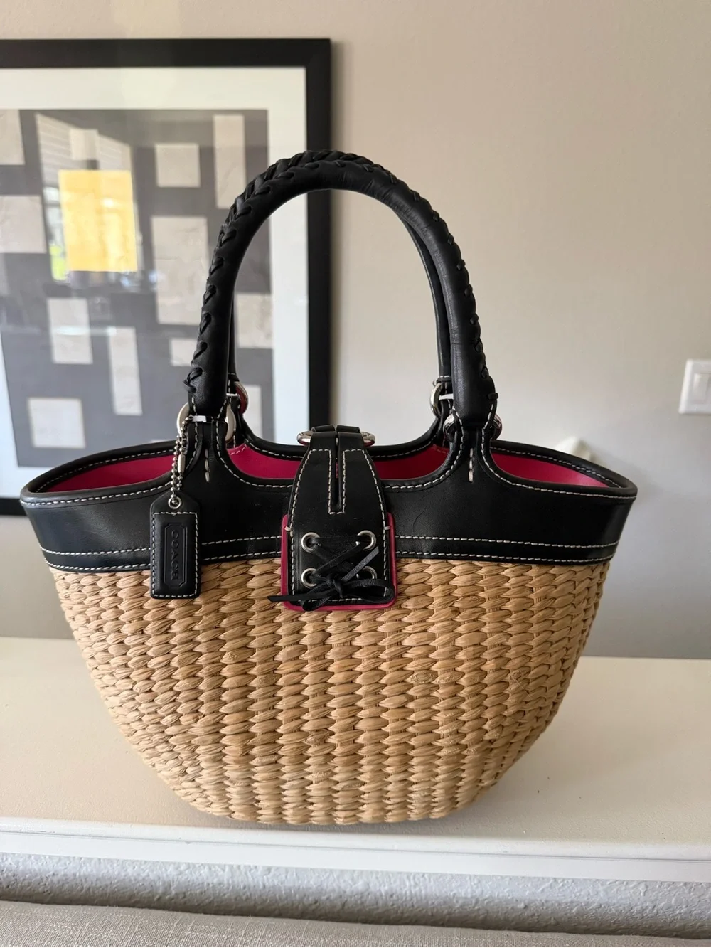 Coach Straw Tote with Black Trim and Pink Interior Accent - Picture 2 of 13